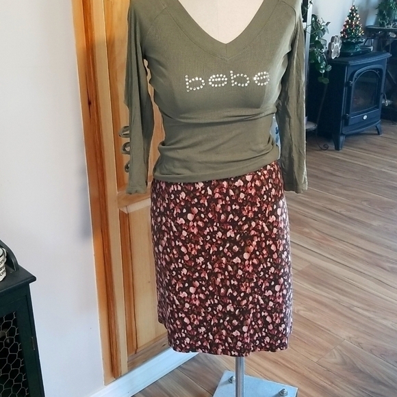 Merona Cotton Spandex Skirt Size 14. Multi Brown Pinks Green. Lined. Feminine - Picture 1 of 6